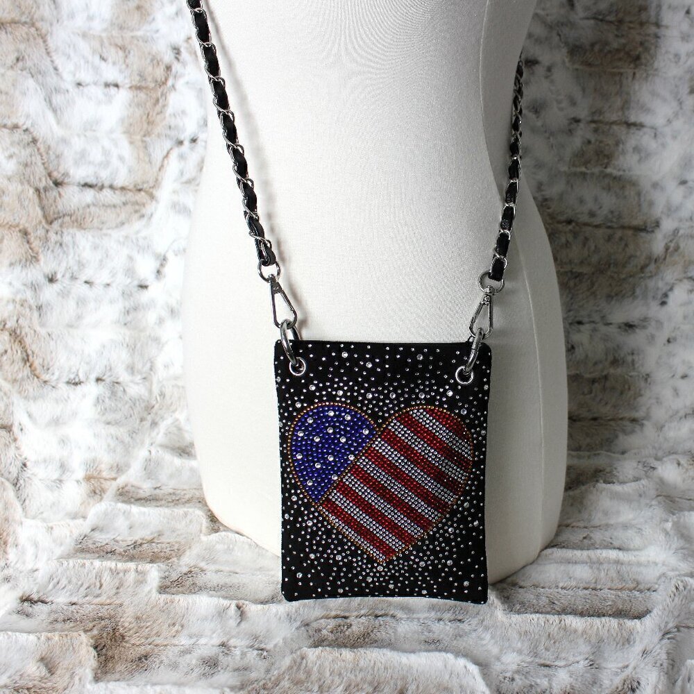 Patriotic Red White Blue Rhinestone Bling Black Hobo Crossbody Mini Phone Bag - Picture 8 of 14
